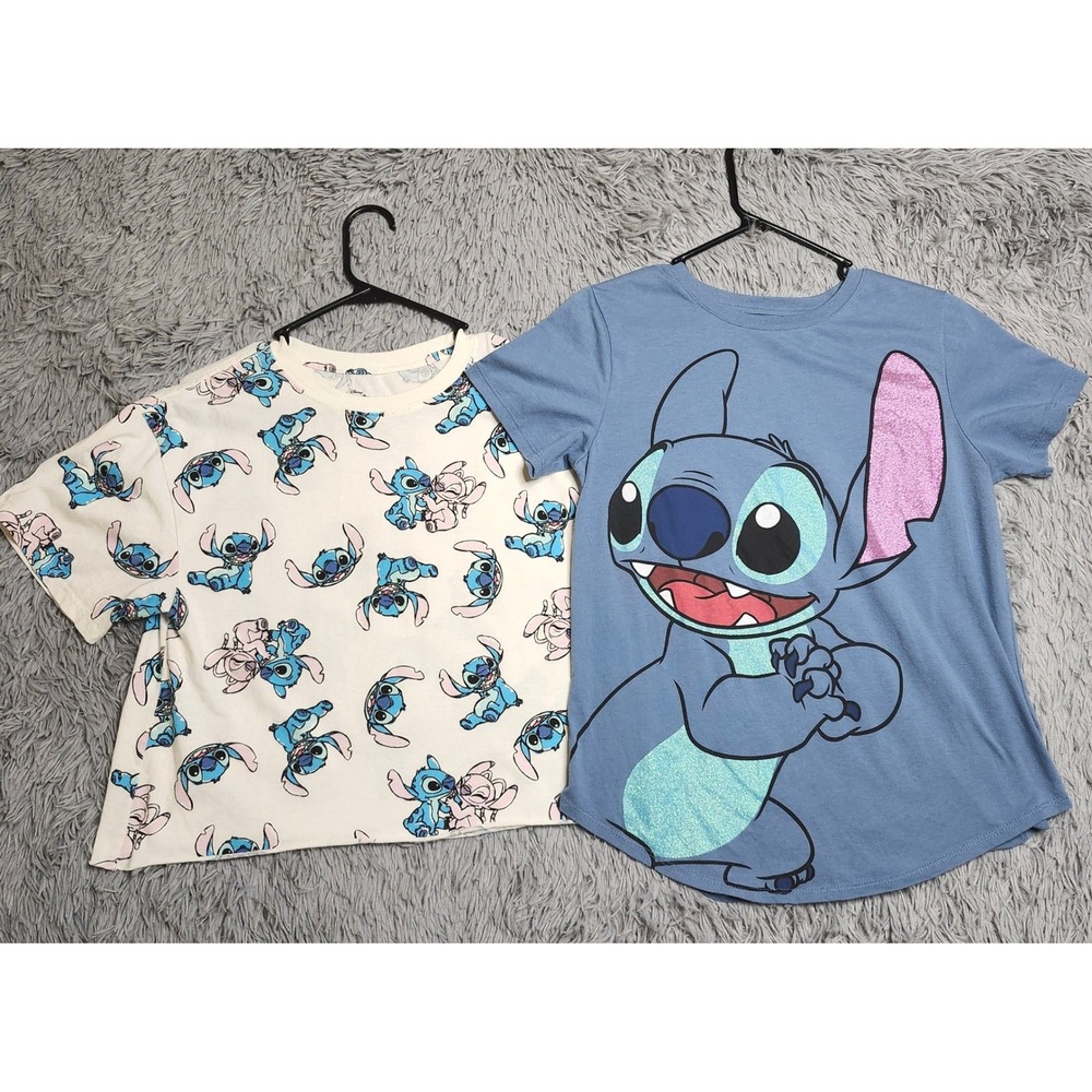 Lot of 2 Disney Stitch Girls Large TShirts Tees‎ All Over Print & Glitter Lilo